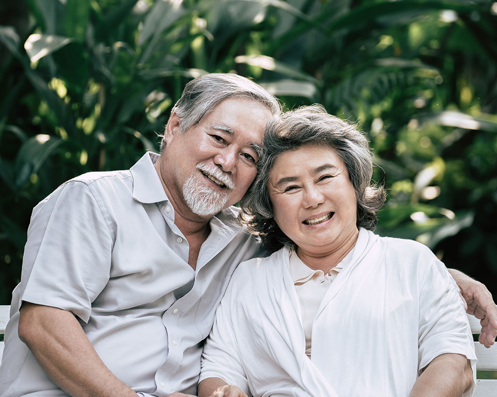 Happy couple sitting on bench